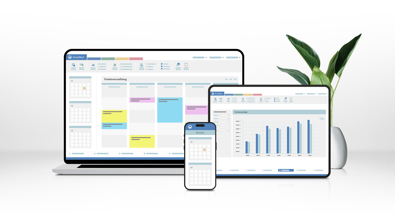 Mobile Geräte vor einem weißen Hintergrund. Simplimedsoftware ist geöffnet.